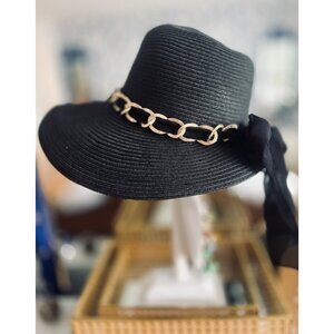 HBY Miami BLACK Hat M/L Paper Straw Gold Chain Band Bow Sun Beach Cruise Vaca